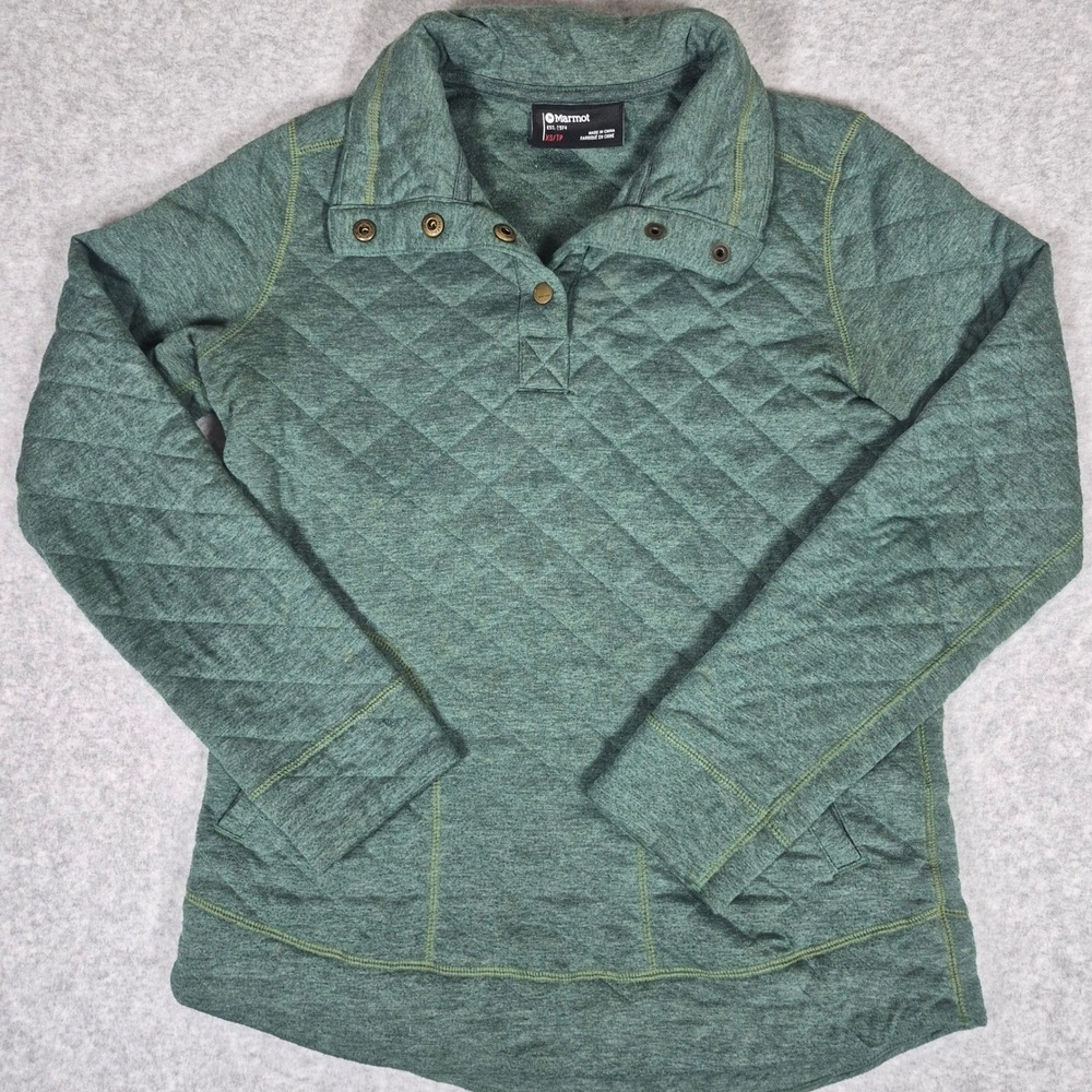 Marmot Quilted Pullover Womens XS Green Heather Snap Neck Sweatshirt Quilted